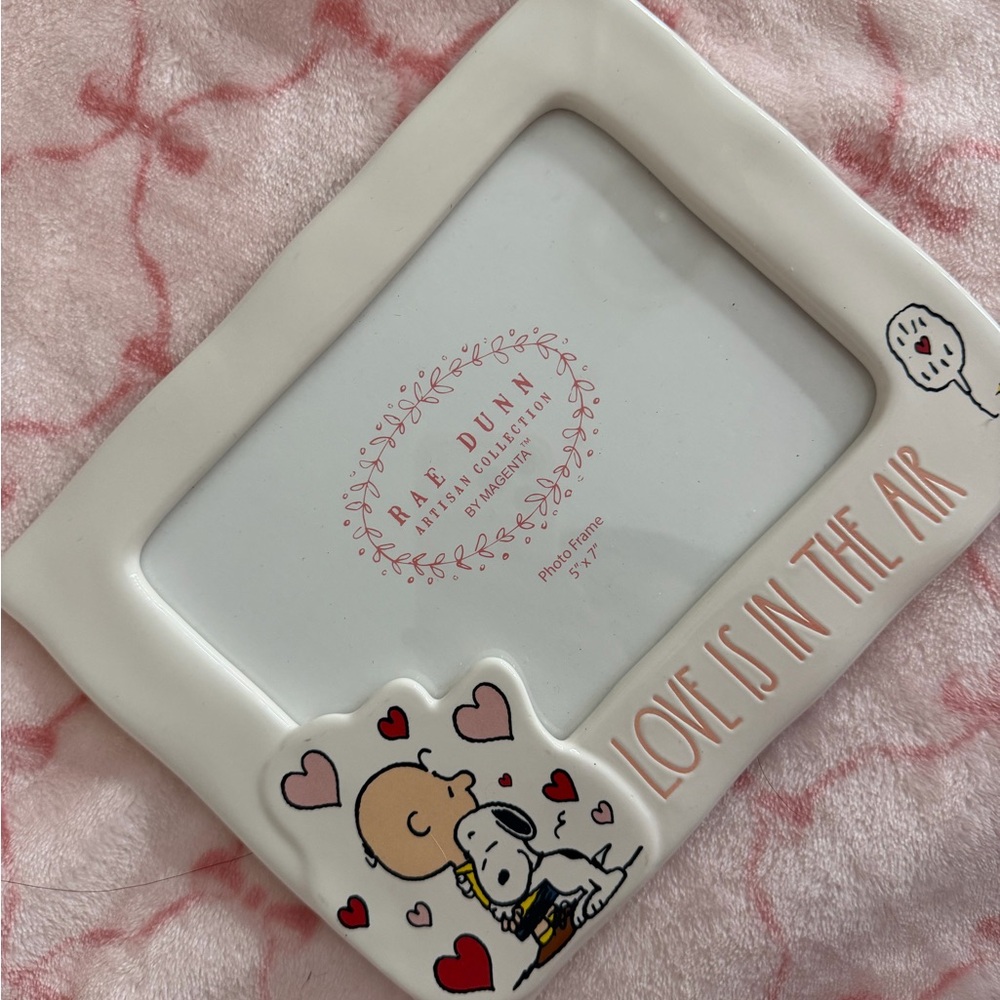 Rae Dunn white ceramic photo frame with pink and red accents